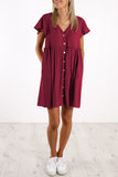 Wine V Neck Buttoned Empire Waist Babydoll Mini Dress