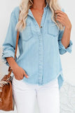 Roll up Long Sleeves Frayed Hem Denim Shirt
