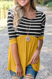 Striped Ruffled Three Quarter Sleeve O-Neck Blouse