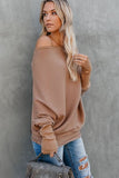 Khaki Slouchy One Shoulder Dolman Sleeves Ribbed Sweater