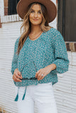 Floral Print Drawstring High Low V Neck Blouse
