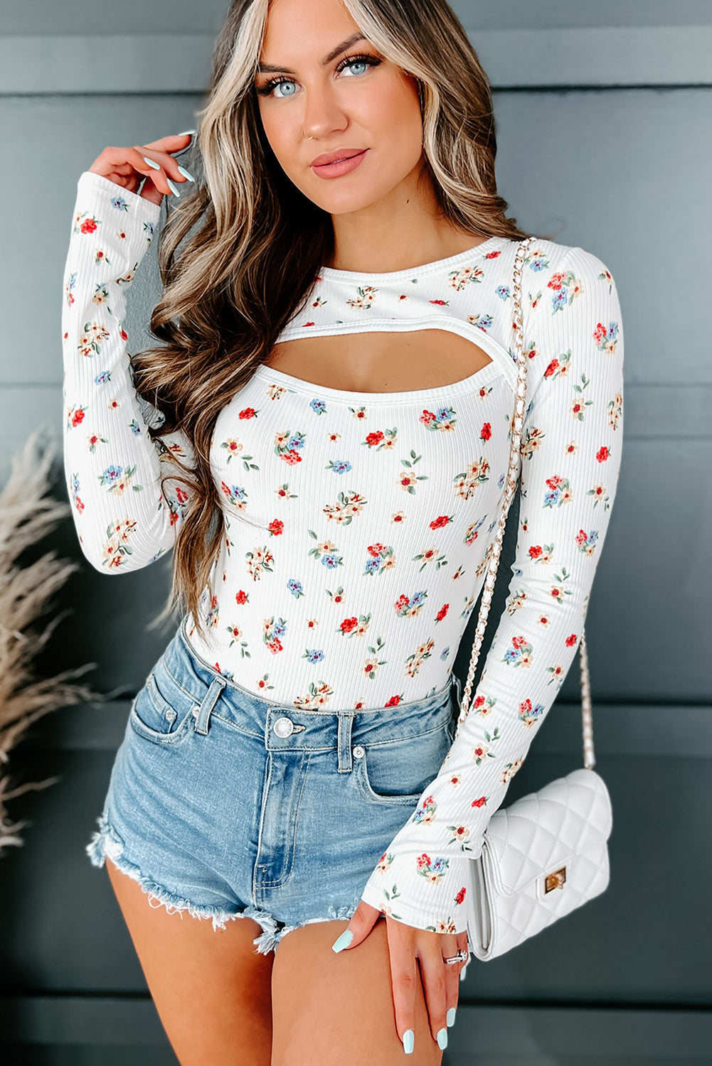 White Long Sleeve Cut-out Floral Bodysuit