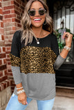 Burgundy Colorblock Leopard Patchwork Long Sleeve Top