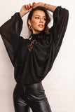 Black Lace Contrast Sheer Frilled Neck Blouse