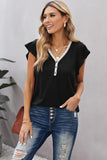 V Neck Buttoned Lace Trim Short Sleeve Tee