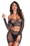 Fishnet Long Sleeve Crop Top Skirt Set