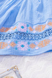 Sky Blue Tassel Drawstring Embroidered Half Sleeve V Neck Top