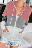 Zip Front Color Block Splicing Drawstring Hoodie