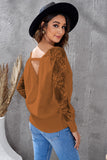 Sexy V Neck Surplice Hollow-out Sweater with Lace Sleeves