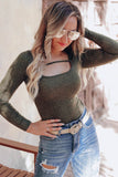 Olive Strappy Hollow-out Scoop Neck Long Sleeve Leopard Bodysuit