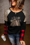 Leopard Graphic Print Sequin Plaid Patchwork Long Sleeve Top