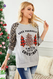 Gray Leopard Sleeves Christmas Tree Print Top
