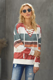 Multicolour V Neck Drawstring Long Sleeve Striped Oversize Sweatshirt