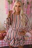 Striped Print Ruffled Lace-up High Waist Mini Dress