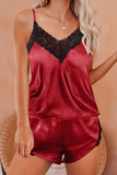 Lace V Neck Imitated Silk Pajamas Set