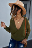 Sexy V Neck Surplice Hollow-out Sweater with Lace Sleeves