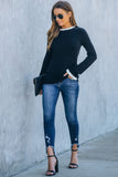 Black Solid Ruffled Crew Neck Knit Sweater