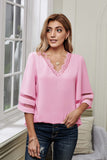 V Lace Neckline 3/4 Bell Mesh Sleeves Blouse
