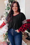 Sequined Leopard Insert Plaid Sleeve Plus Size Top