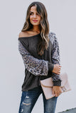 Leopard Patch Ribbed Loose Long Sleeve Blouse