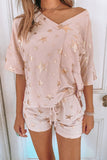 Star Print V Neck Tee and Drawstring Shorts Lounge Set