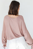 Pink Ribbed Drawstring Ruched Dolman Sleeve Top