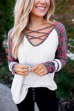 Plaid Criss Cross V Neck Waffle Knit Long Sleeve Top