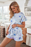 Star Print Ruffled Short Sleeve Tee and Drawstring Shorts Lounge Se