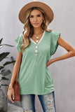 V Neck Buttoned Lace Trim Short Sleeve Tee