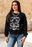 Black Western Steer Skull Letter Print Graphic Sweatshirt