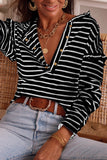 Striped Print Ruffled Buttoned Long Sleeve Top