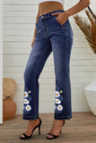 Dark Wash Daisy Print High Waist Flare Jeans