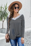 Striped Lace V Neck Long Sleeve Top
