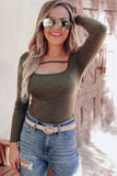 Olive Strappy Hollow-out Scoop Neck Long Sleeve Leopard Bodysuit