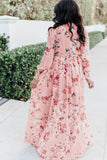 Pink Floral Long Sleeve Side Split High Waist Bohemia Maxi Dress