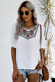 Retro Embroidered Print White Ruffle Short Sleeve Top