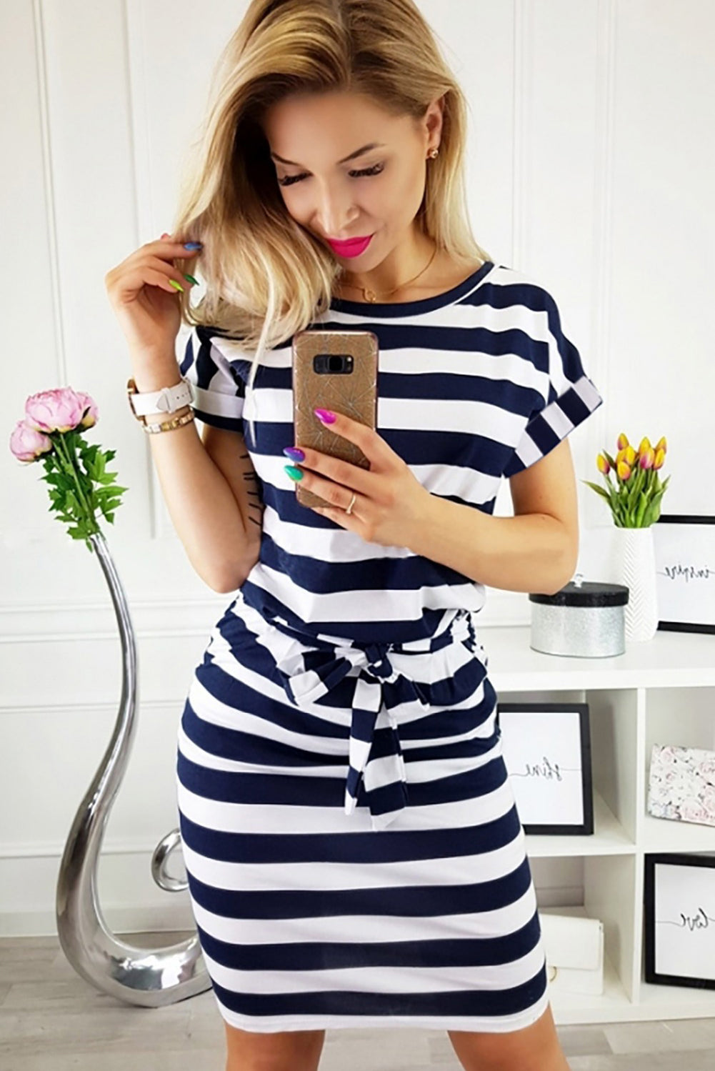 Stripes Pocketed T-shirt Dress with Belt