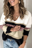 Khaki Casual Color-Block Striped Long Sleeve V Neck Sweater