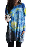 Star Printing Long Sleeve Tunic Top With Two Side Pockets