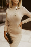 High Neck Metal Button Ribbed Sweater Dress