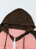 color Zipped Front Colorblock Hollow-out Knit Hoodie