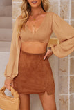 Shirred Open Back Deep V Neck Long Sleeve Crop Top