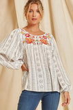 Beige Long Sleeve Embroidered Print Blouse