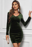 Green Long Sleeve Ruched Velvet Dress