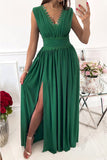 Crochet V Neck Sleeveless Ruched High Waist Maxi Dress