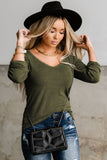 Green Studded Eyelet Neckline Ribbed Knit Long Sleeve Top