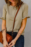 Khaki Solid Ruffled Short Sleeve T-shirt