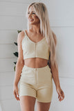 Beige Ribbed Knit Zip-up Crop Top and High Waist Shorts Two Piece Set