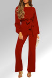 Red Boat Neck Bubble Sleeve Straight Legs Jumpsuit with Belt Tie