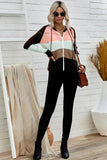 color Zipped Front Colorblock Hollow-out Knit Hoodie